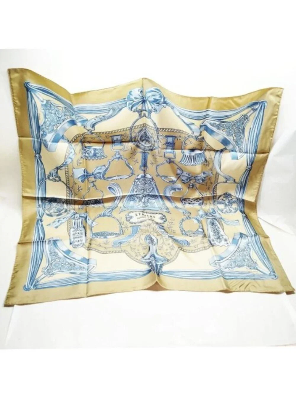 Authentic Hermès Étriers Carré 90 Silk Scarf Gold Blue Square Made in France